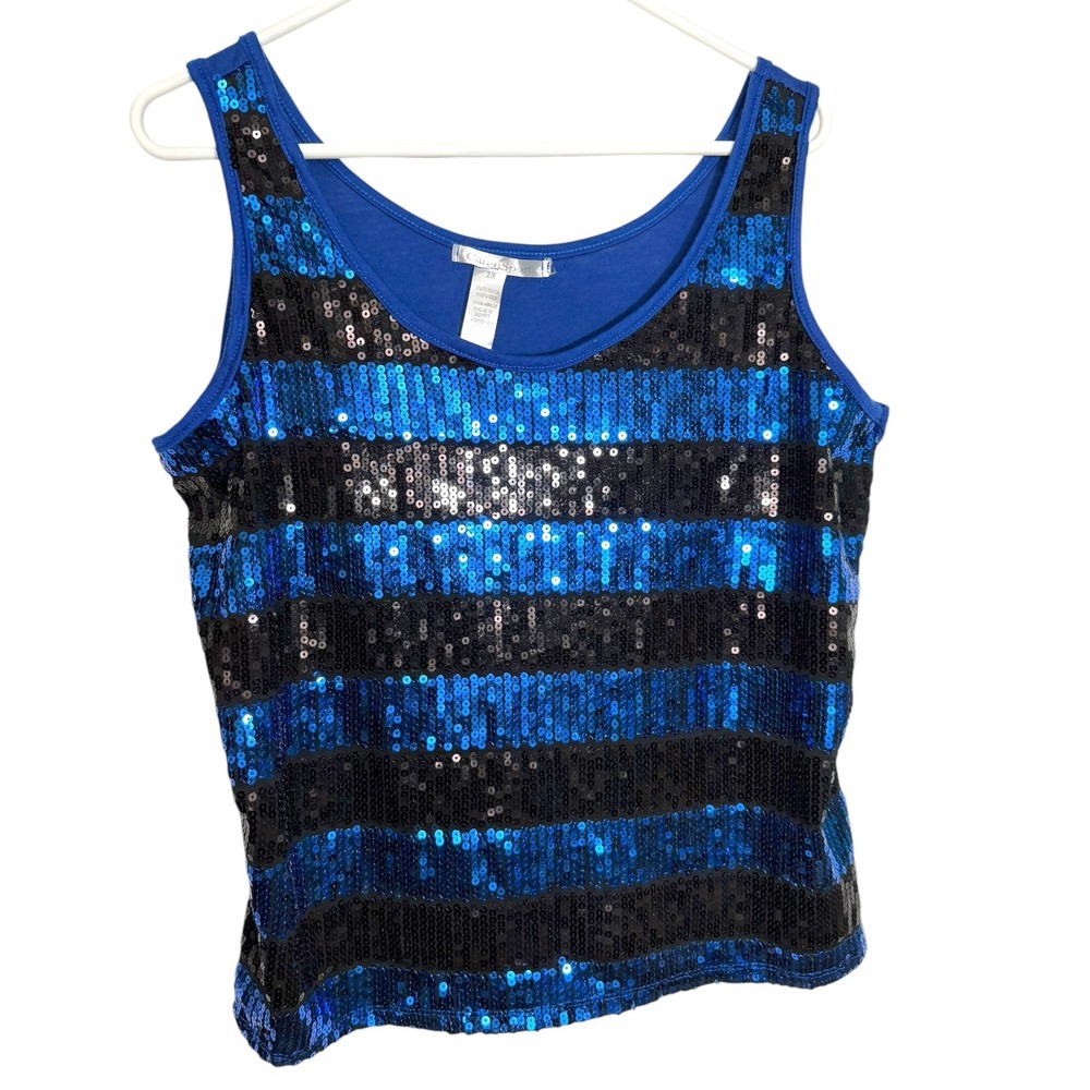 Caren Sport 2X Blue Black Sequin Striped Tank Top Sleeveless Glam Disco Party